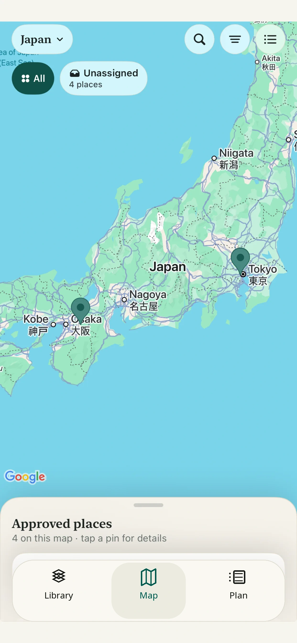 Locivia Map screen with approved places shown as pins
